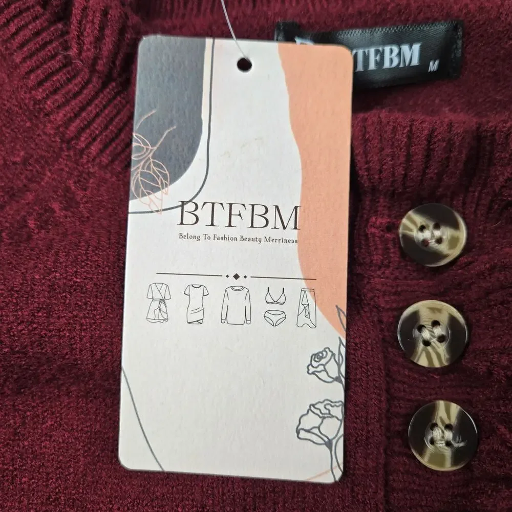 Demure BTFBM Cranberry Holiday Henley High Neck Pullover Sweater Ruffles Buttons